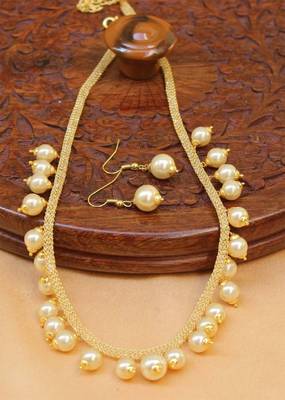Gold Plated Studded Diamond Pearl Party Necklace & Earring Jewellery Set 1