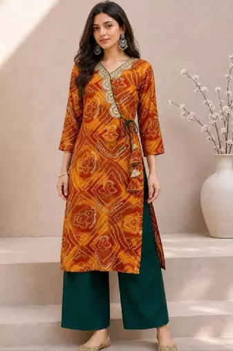 Women bandhani printed thread work kurta