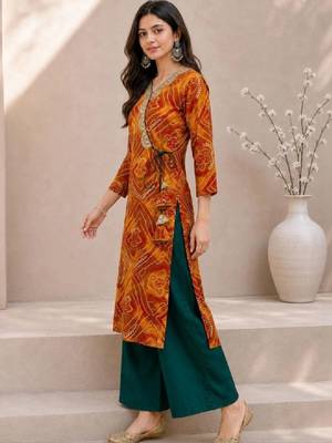 Women bandhani printed thread work kurta 4