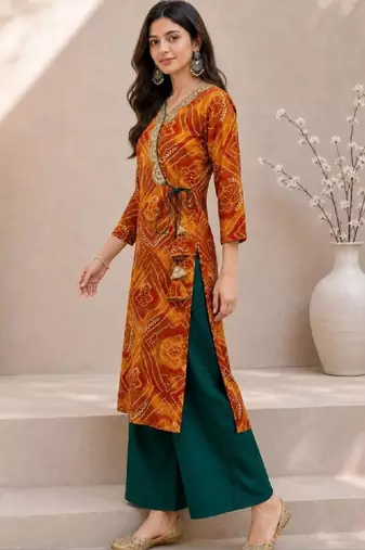 Women bandhani printed thread work kurta