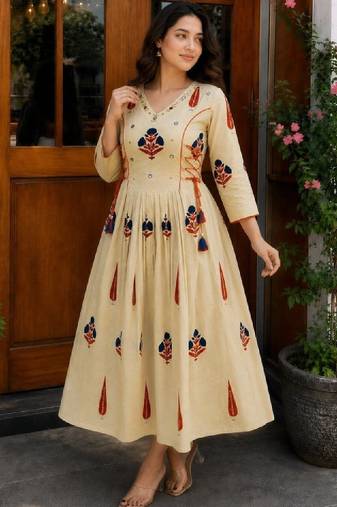 Women ethnic motifs printed mirror work anarkali kurta