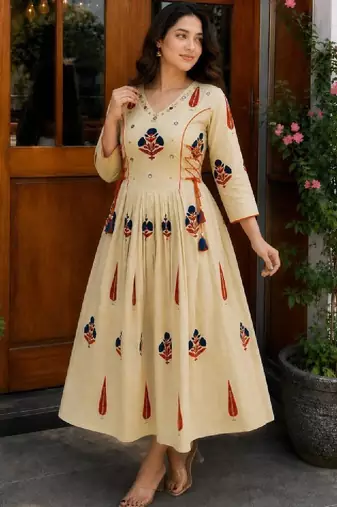 Women ethnic motifs printed mirror work anarkali kurta