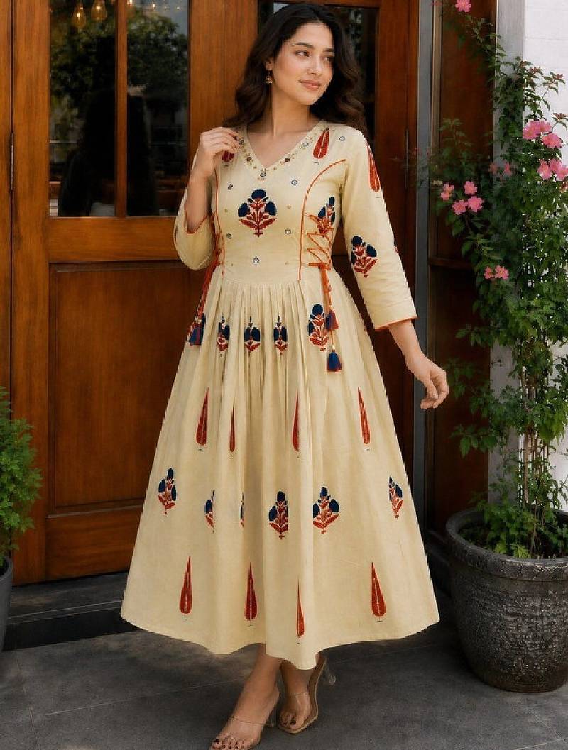 Women ethnic motifs printed mirror work anarkali kurta