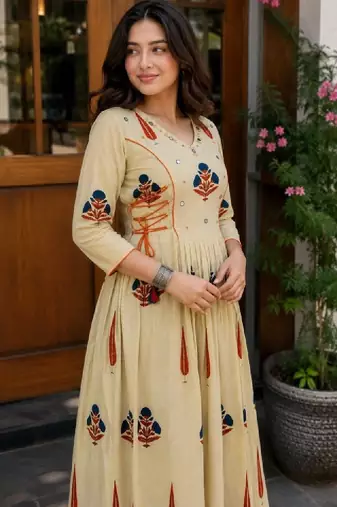 Women ethnic motifs printed mirror work anarkali kurta