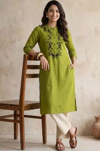 Women ethnic motifs embroidered thread work kurta