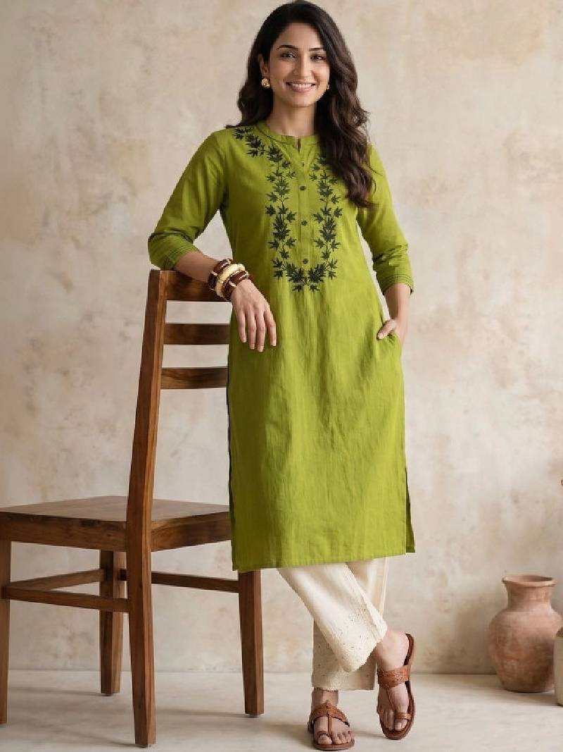 Women ethnic motifs embroidered thread work kurta