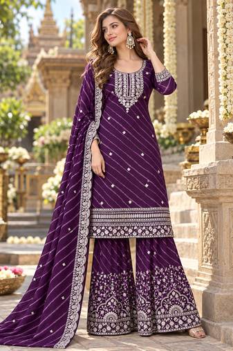 Purple georgette semi stitched suit with embroidery & zari work