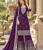 Purple georgette semi stitched suit with embroidery & zari work
