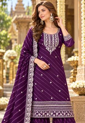 Purple georgette semi stitched suit with embroidery & zari work 2