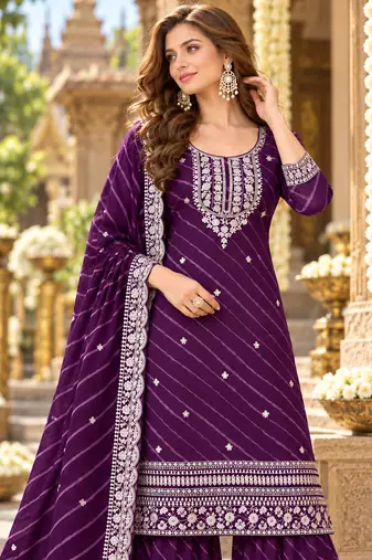 Purple georgette semi stitched suit with embroidery & zari work