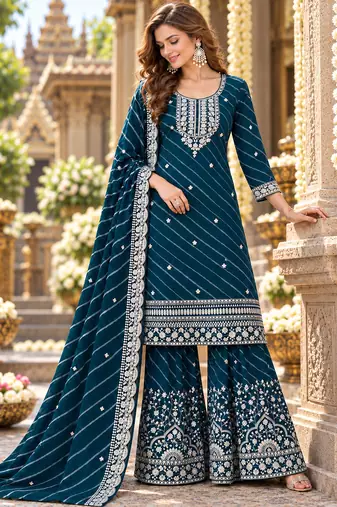 Teal georgette semi stitched suit with embroidery & zari work