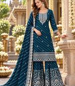 Teal georgette semi stitched suit with embroidery & zari work