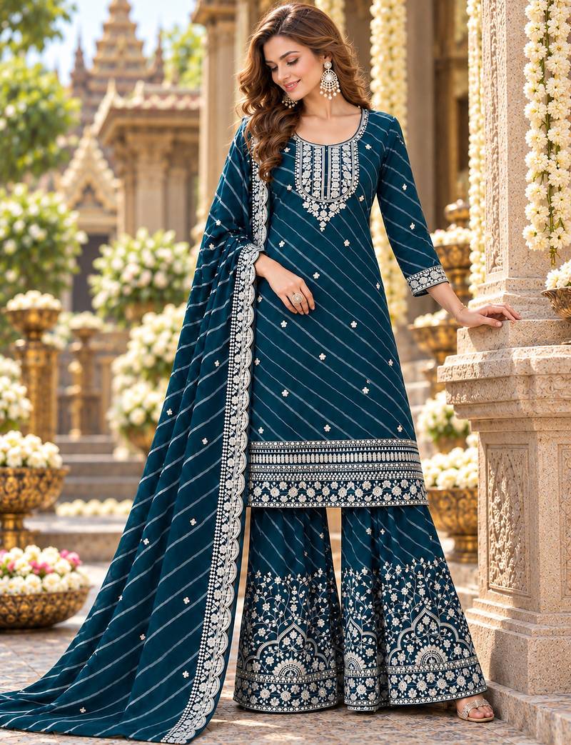 Teal georgette semi stitched suit with embroidery & zari work