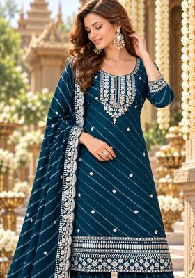 Teal georgette semi stitched suit with embroidery & zari work 2