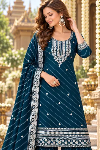 Teal georgette semi stitched suit with embroidery & zari work