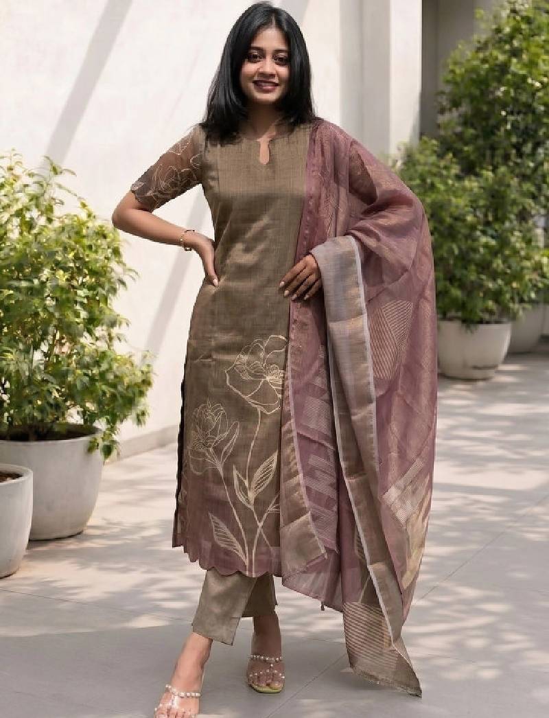 Women floral printed keyhole neck floral chanderi silk kurta
