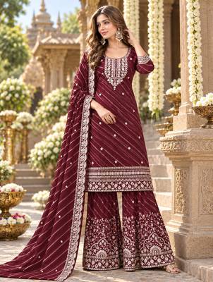 Maroon georgette semi stitched suit with embroidery & zari work 1