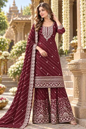 Maroon georgette semi stitched suit with embroidery & zari work