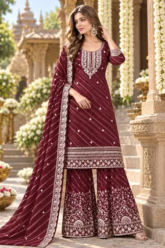 Maroon georgette semi stitched suit with embroidery & zari work