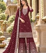 Maroon georgette semi stitched suit with embroidery & zari work