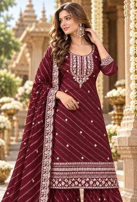 Maroon georgette semi stitched suit with embroidery & zari work 2