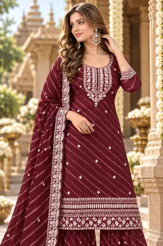 Maroon georgette semi stitched suit with embroidery & zari work