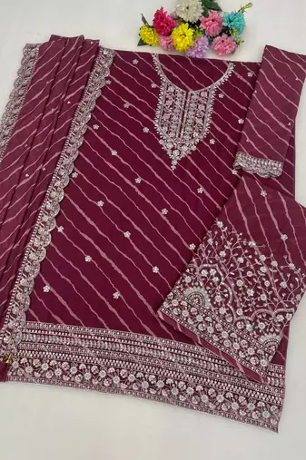 Maroon georgette semi stitched suit with embroidery & zari work