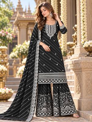 Black georgette semi stitched suit with embroidery & zari work 1