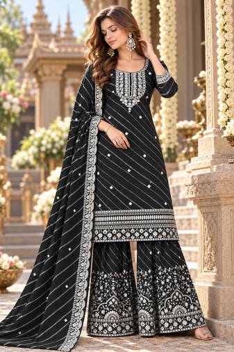 Black georgette semi stitched suit with embroidery & zari work