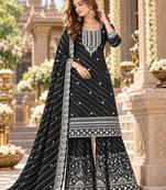 Black georgette semi stitched suit with embroidery & zari work