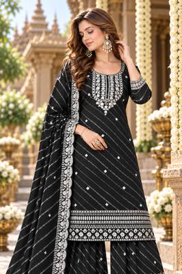Black georgette semi stitched suit with embroidery & zari work 2