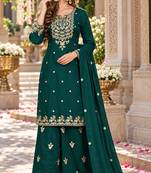 D green silk blend readymade suit with embroidery & zari work