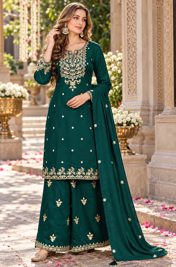 D green silk blend readymade suit with embroidery & zari work