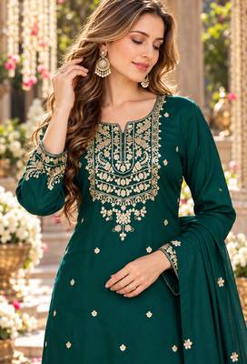 D green silk blend readymade suit with embroidery & zari work 2