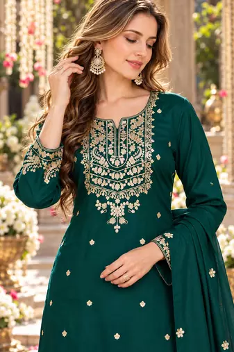 D green silk blend readymade suit with embroidery & zari work