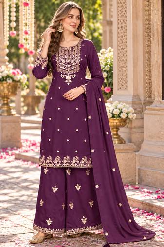 Purple silk blend readymade suit with embroidery & zari work