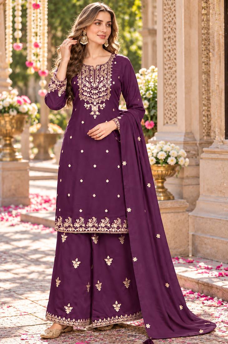 Purple silk blend readymade suit with embroidery & zari work