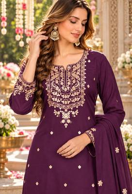 Purple silk blend readymade suit with embroidery & zari work 2