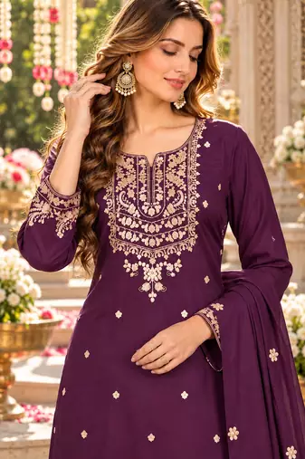 Purple silk blend readymade suit with embroidery & zari work