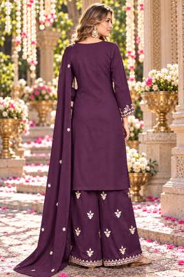 Purple silk blend readymade suit with embroidery & zari work 3