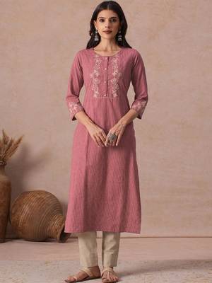 Women straight fit cotton kurta with cordwork floral embroidery on yoke sleeves. 1