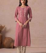 Women straight fit cotton kurta with cordwork floral embroidery on yoke sleeves.