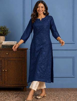 Women embroidered thread work chanderi silk kurta 2
