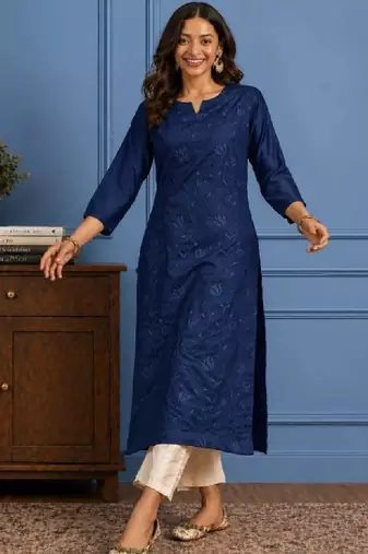 Women embroidered thread work chanderi silk kurta
