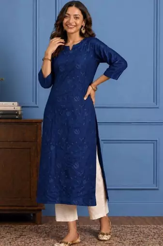 Women embroidered thread work chanderi silk kurta