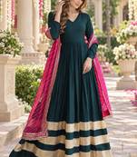 D green rayon readymade navratri anarkali suit with embroidery & gotapatti work