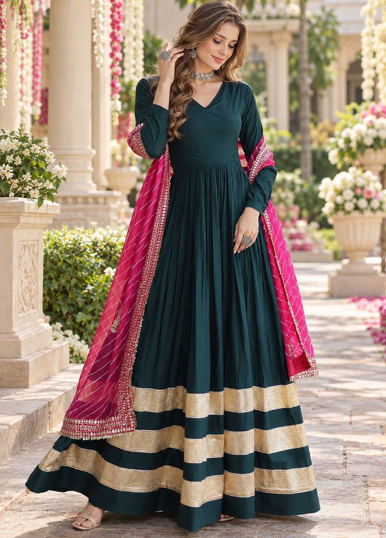 D green rayon readymade navratri anarkali suit with embroidery & gotapatti work