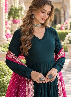 D green rayon readymade navratri anarkali suit with embroidery & gotapatti work 2
