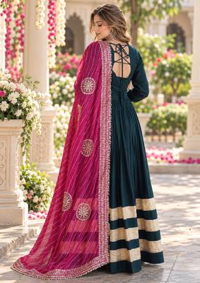 D green rayon readymade navratri anarkali suit with embroidery & gotapatti work 3