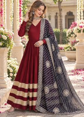 Maroon rayon readymade navratri anarkali suit with embroidery & gotapatti work 1
